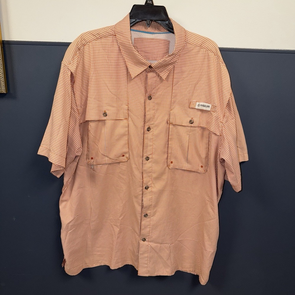 Magellan Outdoors Men's 2XL SS Shirt Fishing Vented Orange White Gingham